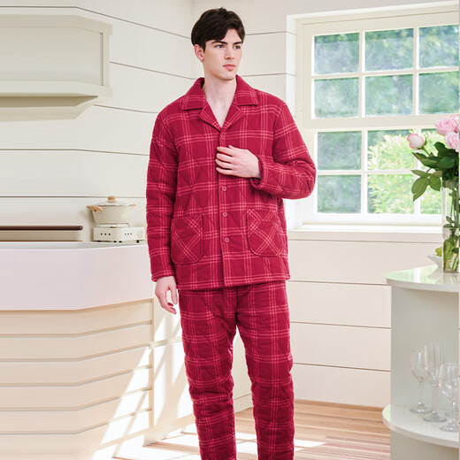 American Standard gift couple's pajamas for women, thickened and warm, three-layer quilted, can be worn outside, red plaid suit, home clothes, cherry red (men) L