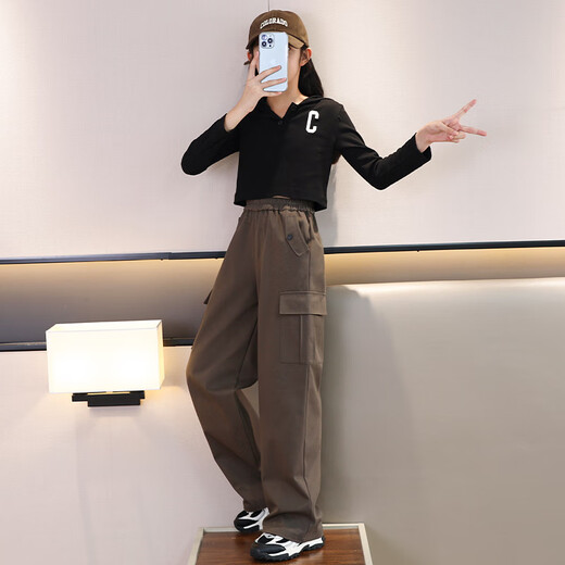优优1点（Yoyo one）女童工装裤春秋款女孩秋装套装儿童直筒裤子运动加绒阔腿裤女大童 15052咖色  【纯棉-春秋款】 120cm (建议35-45斤）