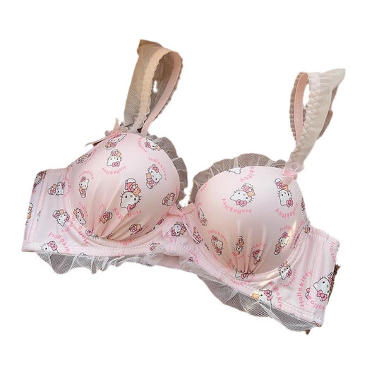 Hello Kitty Soft Cute KT Cat Underwear Cute Japanese Girl Sweet Lace Wireless Anti-Sagging Bra Girlfriend Gift Pink Suit M 34/75 AB