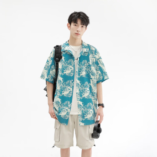 港莲娅夏威夷风短袖花衬衫男冰丝凉感夏季海边沙滩宽松休闲五分袖上衣服 h-6629马达加斯加黑 M  (建议110-130斤)