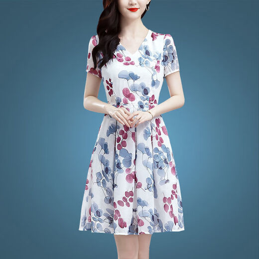 
Ice silk dress summer 2025 new floral skirt temperament 40-50-year-old middle-aged women's short-sleeved printed skirt Ice silk 9904 skirt XL 115-125Jin[Jin equals 0.5 kg]