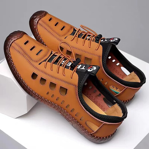 HJZH Summer Men's Soft-Soft-Sole Soft-Sole Sandals Breathable Hollow Outdoor Hollow Shoes Beef-Sole Sole Khaki (Jelly Sole) 41