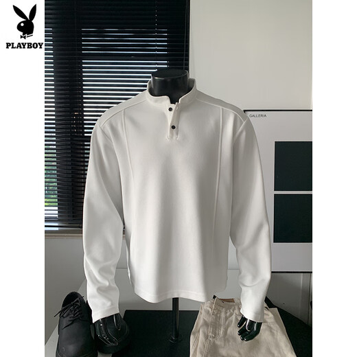 Playboy right shoulder sweatshirt cleanfit high-end pure white henley collar long-sleeved t-shirt men's autumn American style bottoming shirt white custom style M