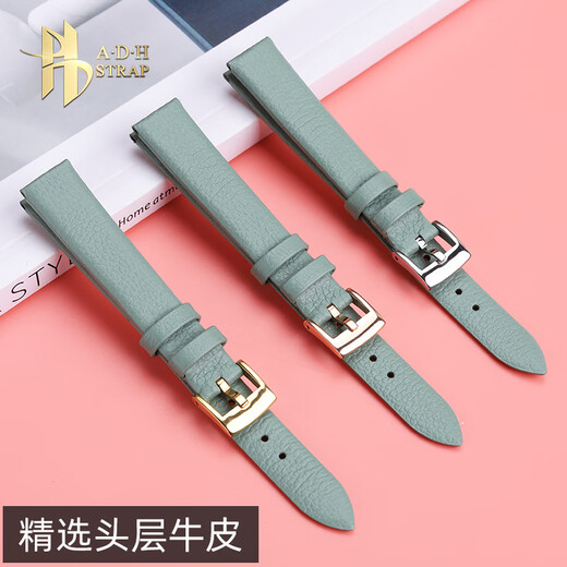 ADH女士真皮手表带适配阿玛尼小方表小绿表AR11302 AR11149 14mm表链 墨绿-玫瑰金扣 宽度14mm