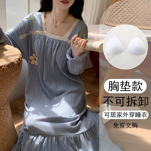 
Catman Spring and Autumn Day 2025 new long-sleeved nightgown for pregnant women pajamas with chest pads integrated large size can be worn outside home clothes 16857 without chest pads (recommended weight 80-100 Jin [Jin equals 0.5 kg]) M