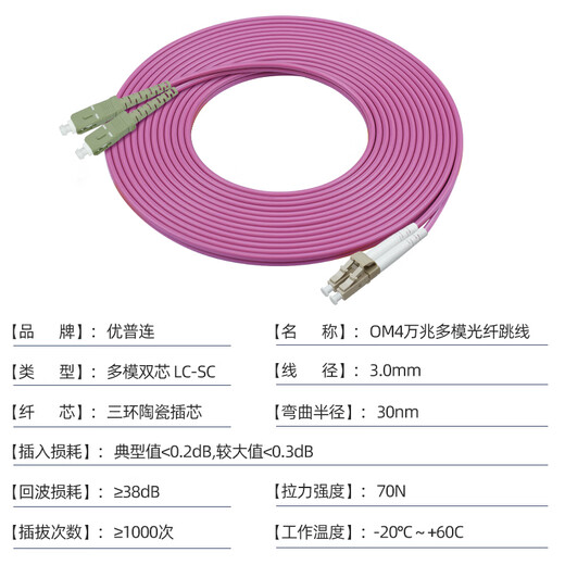 优普连 OM4万兆多模光纤跳线LC-LC 工程电信级双芯lc尾纤 25G交换机光纤模块连接线光钎线 OM4多模双芯LC-SC 1米