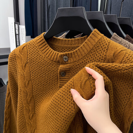 EMZ Ordos men's thick woolen sweater Henry collar button autumn and winter young and middle-aged stand collar casual sweater wool pine gray brown S 165