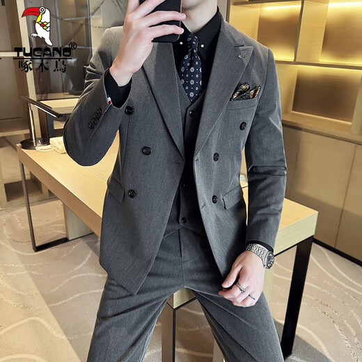 Woodpecker (TUCANO) double-breasted suit for men, casual and versatile business formal work clothes, trendy slim wedding suit, dark gray XL (suitable for 126-140 Jin Jin equals 0.5 kg)