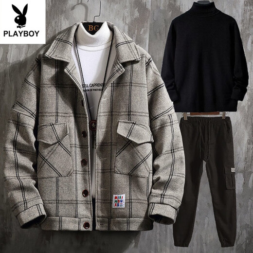 Playboy Jacket Men's Jacket Autumn and Winter Thickened Casual Suit Korean Style Men's Clothing Set with Handsome Cotton Clothes Trend Blue Jacket + Black Sweater + Pants Thickened L Recommended 100-115 Jin Jin equals 0.5 kg