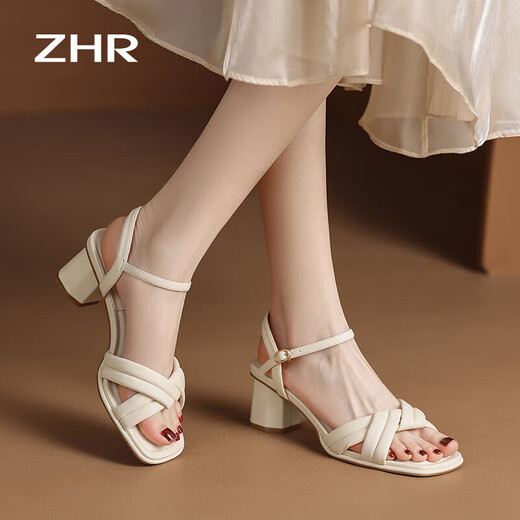 ZHR凉鞋女夏季优雅一字带粗跟女鞋温柔纯色高跟鞋子女 Y683 米色 37 