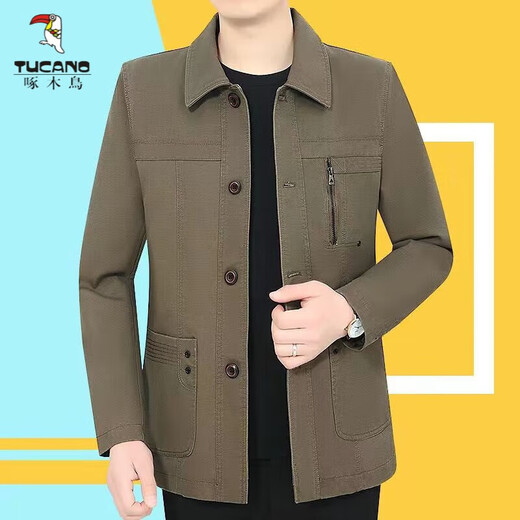 Woodpecker Spring and Autumn New Middle-aged and Elderly Men's Cotton Jacket Loose Casual Middle-aged Lapel Jacket Dad's Clothes Dark Khaki 2XL 185 Codes 130-145Jin Jin is equal to 0.5 kg