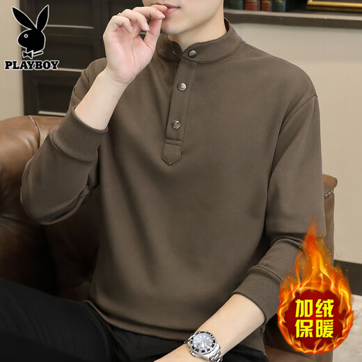 Playboy Henry collar sweatshirt men's tops autumn new loose young and middle-aged casual bottoming shirt long-sleeved T-shirt men's T WY2288 brown plus velvet L recommended 111-120Jin Jin equals 0.5 kg