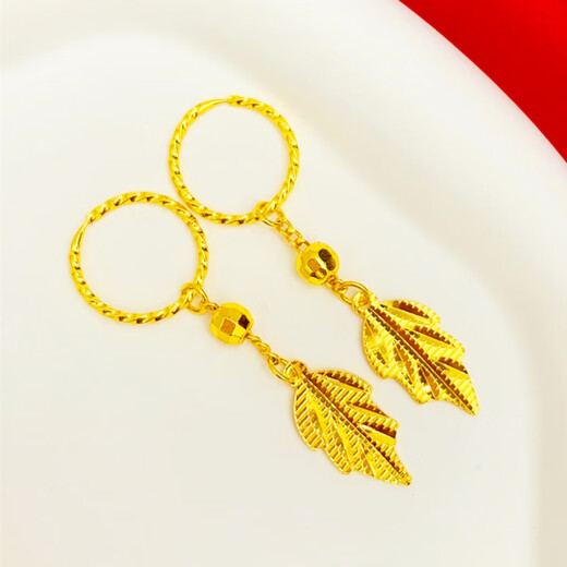 Jianying silk gold branches and jade leaves earrings 9999 sand gold earrings 18k simulated full gold color long retro earrings that do not fade 719#