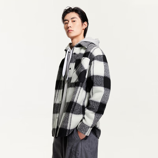 杰克·琼斯（JACK&JONES） 秋季款男毛呢外套翻领含羊毛单侧口袋纽扣短款格子男装224327005