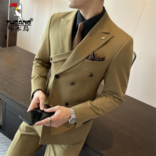 Woodpecker (TUCANO) brown double-breasted suit men's suit British slim men's large size suit three-piece wedding groom's dress trendy dark green (single suit) 50/L (112-125Jin Jin equals 0.5 kg)