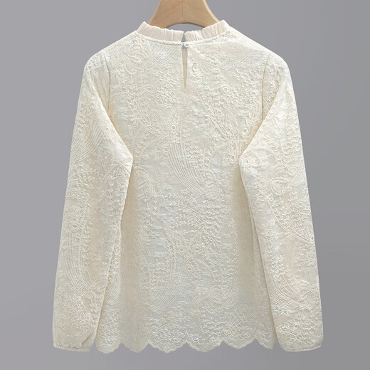 Sibaishe long-sleeved shirt 2025 autumn new women's short lace embroidered loose commuting simple top apricot L