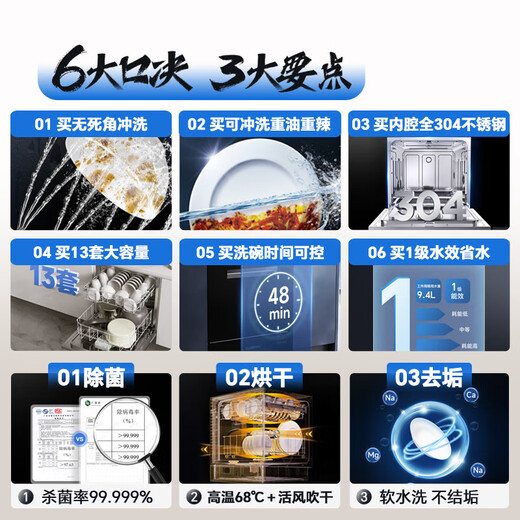 13 sets of Canbo dishwashers, built-in household dishwashers, integrated kitchen cleaning, disinfection, baking and storage, high temperature spray, first-class water efficiency, 304 stainless steel, intelligent fully automatic, white model, 13 sets, large capacity, sterilization rate up to 99.999%