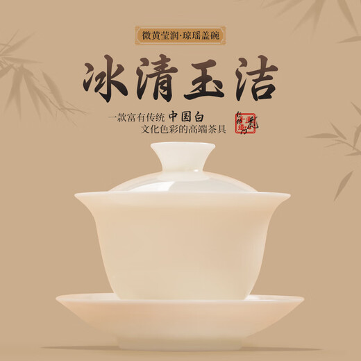 Yuquan Longmen Bingqing Yujie Qiong Yao covered bowl Dehua traditional Chinese white porcelain high-end handmade tea bowl Sancai small covered bowl Bingqing Jade Qiong Yao covered bowl