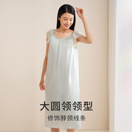 金三塔真丝女士睡衣桑蚕丝撞色蕾丝拼接优雅睡裙居家服 绿洲冰泉色9720 L