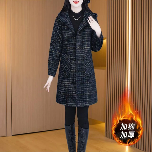 Fashionable age-reducing 2025 new woolen coat autumn and winter temperament age-reducing cotton clothing new style hooded windbreaker black plaid XL (recommended 115-130 Jin Jin equals 0.5 kg)