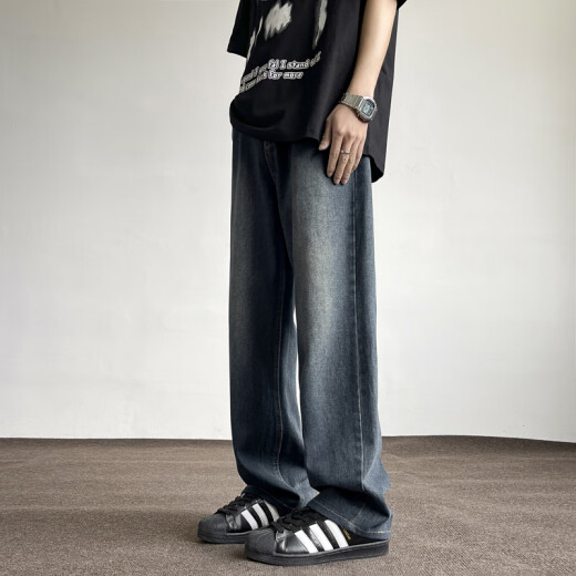 至唯牛仔裤男夏季美式复古宽松阔腿直筒裤潮流牌vibe高街春秋休闲长裤 XZ718-1-K870中蓝色 L【推荐125-135斤】