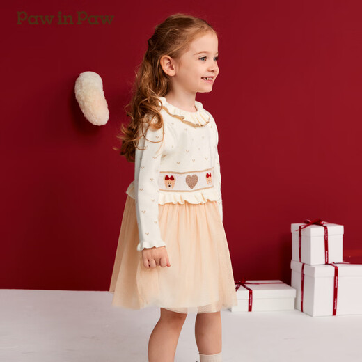 PawinPaw Cartoon Bear Children's Clothing Autumn and Winter Baby Girl A Version Sweater Comfortable Soft Waxy Dress Beige Beige/35 90 cm