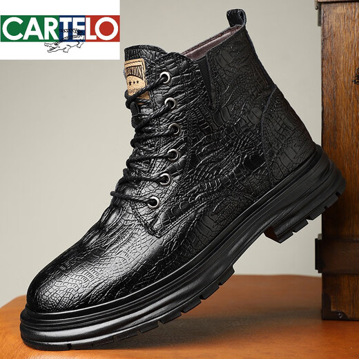 
Katile crocodile pattern leather boots new autumn lace-up soft men's shoes casual print mid-top comfortable young motorcycle leather shoes 9900 single shoes black 38
