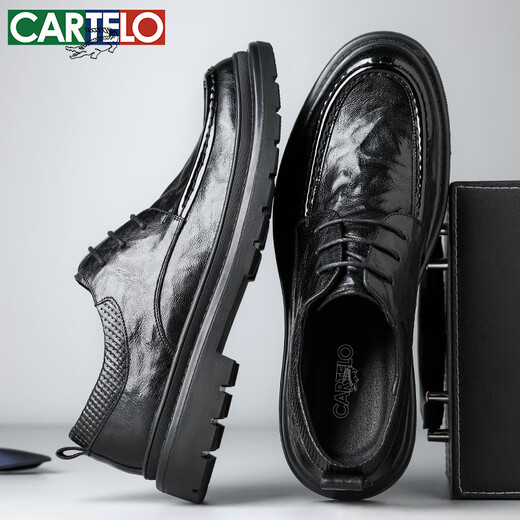 CARTELO crocodile (CARTELO) first layer sheepskin business shoes men's hand scratch pattern men's casual leather shoes British warm men's shoes 9676 black 40