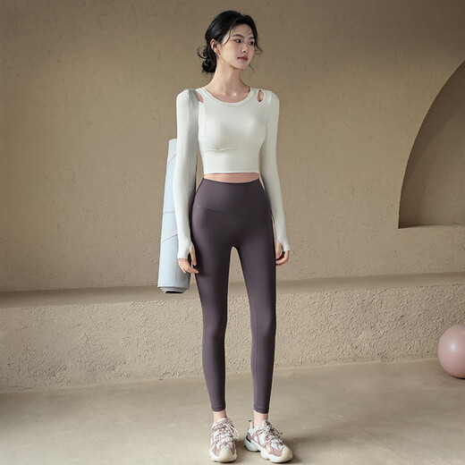 LULUUVTTOH Autumn and winter yoga wear with chest pads, women's sports tops, tight-fitting, slimming, long-sleeved running, Pilates training, fitness clothes, milky white, fixed one-piece cup/shoulder hollow S (recommended 80-100 Jin Jin equals 0.5 kg)