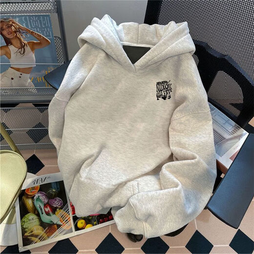 Qumile American Heavyweight Velvet Thickened Sweater Men's Autumn and Winter Loose Warm Trendy High Street Hoodie Top Clothes Jacket White Gray Velvet XL