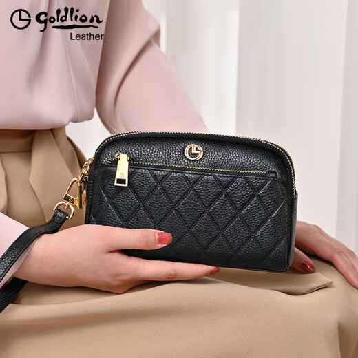 Goldlion Women's Bag Genuine Leather 2025 Summer New Fashion Clutch Zipper Large Capacity Coin Purse Mobile Phone Bag Women's Wallet Black