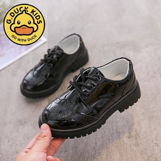 G.duck little yellow duck children's leather shoes boys new soft sole black British style performance leather shoes girls fashion performance NK-302 black 33 (inner length 20.5cm)