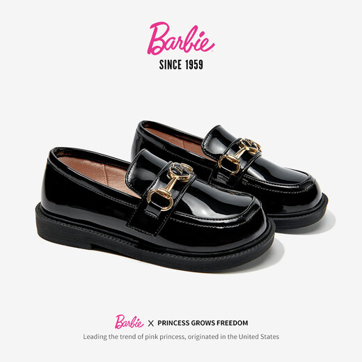 Barbie Children's Shoes Girls Spring and Autumn British Style Girls Performance Bright Leather Black Leather Shoes Slip-On DA6562 Black Size 36