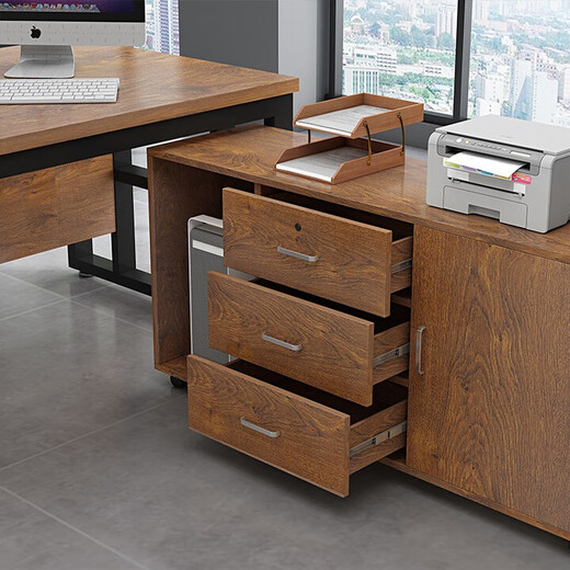 Desk boss table and chair combination single office furniture executive desk supervisor manager desk computer desk customization black frame + golden oak color (store manager) 160*80 table + side cabinet with drawer