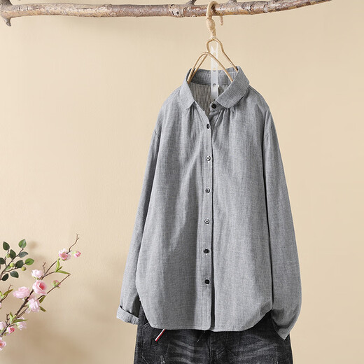 
LisLAVE 100% pure cotton plaid short-sleeved shirt for women 2024 new cotton pocket loose half-sleeved shirt slimming top Gray [houndstooth] 6625W M