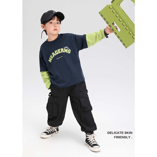 Zuoxi Boys T-shirt Long Sleeve Fake Two-piece Spring and Autumn Top 2025 New Children's Cotton Sweatshirt Navy 160