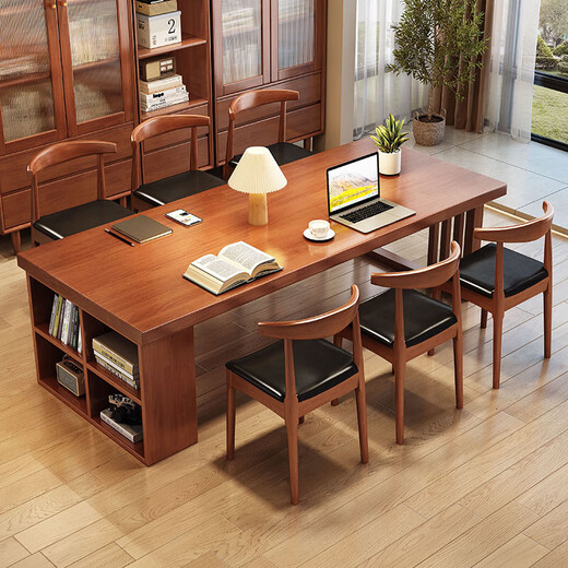 Lijiangxing 2025 new solid wood living room large dining table integrated workbench reading table de-living room large table learning table CR9904# walnut color table + long bench *2 No 180x80x75cm