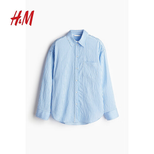 H&M women's shirt spring lapel long-sleeved simple air-conditioning shirt striped printed top 1239275 blue/white striped S 160/88