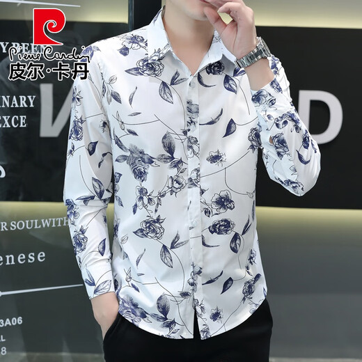 Pierre Cardin Printed Shirt Herren-Langzeitjugendblumenmuster Baumwolle dünne schlanke und modische lockere Blumenhemd trendy 723 grau 2xl 134-146jin [Jin ist gleich 0,5 kg]