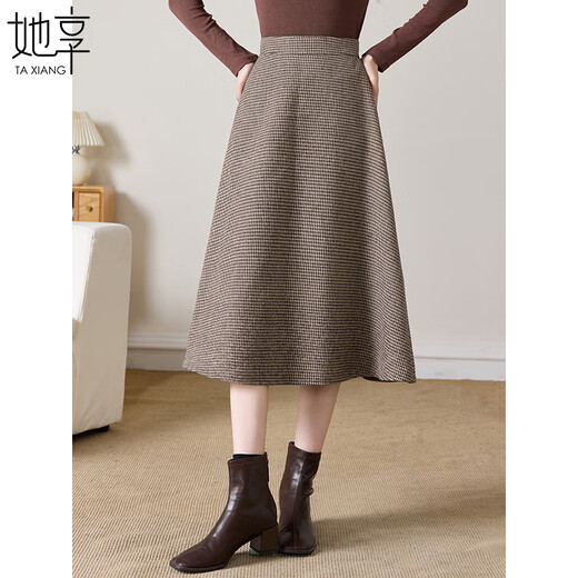 She enjoys woolen skirt female Maillard plaid woolen A-line skirt retro mid-length umbrella skirt T144B6003