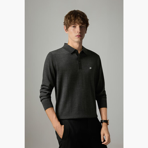 HECHTERpolo collar 100% wool sweater men's autumn and winter warm top business casual high-end dark gray-hot selling color L