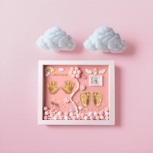 Full Moon Commemorative Hand and Footprint Mud Photo Frame Lanugo Hair Umbilical Cord Newborn Baby 100 Days Hand and Footprint Baby One-Year-Old Gift Model 12 Inch Simple Love Pink Style A