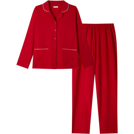 Oudifen red zodiac year pajamas for women, cardigan, pure cotton lapel, long-sleeved trousers, loose and can be worn outside, home clothes PH3709