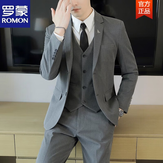 罗蒙（ROMON）西服套装男士韩版修身外套新郎结婚礼服商务职业正装小西装男 黑色-双扣三件套-西服+裤子+马甲 L 108-123斤
