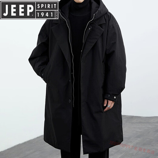 JEEP SPIRIT2025 new autumn and winter Korean style coat jacket men's trendy fake two-piece hooded mid-length windbreaker parka for men F001 military green thickened L 130-145Jin Jin equals 0.5 kg
