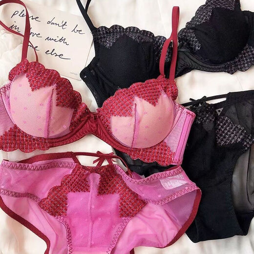 French pure lust underwear, romantic love embroidery, detachable halter neck, thin big breasts, soft steel ring push-up bra set, red set 85B