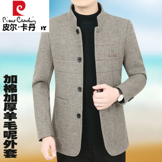 皮尔卡丹专柜大牌中年男士毛呢外套男秋冬季加厚羊毛呢夹克男加棉商务休闲 深灰色 CR款立加棉 175 适合体重115-130斤