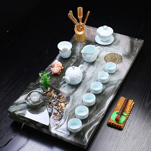 OUOETY蓝彩何玉石茶盘 玉石茶盘家用现代轻奢大小号功夫茶台客厅办公室 椭圆茶盘金丝玉1049*35*3