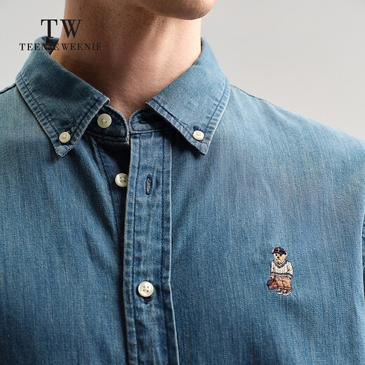 Teenie Weenie Bear Men's Casual Denim Shirt Men's Autumn and Winter Long Sleeve American Retro Shirt Denim Color XL 180