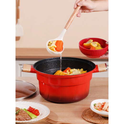 Fat Donglai's same style housewarming gift red micro-pressure wok non-stick pot household medical stone flat-bottomed wok non-stick kitchen utensils 32 gradient color octagonal pot + silicone spatula